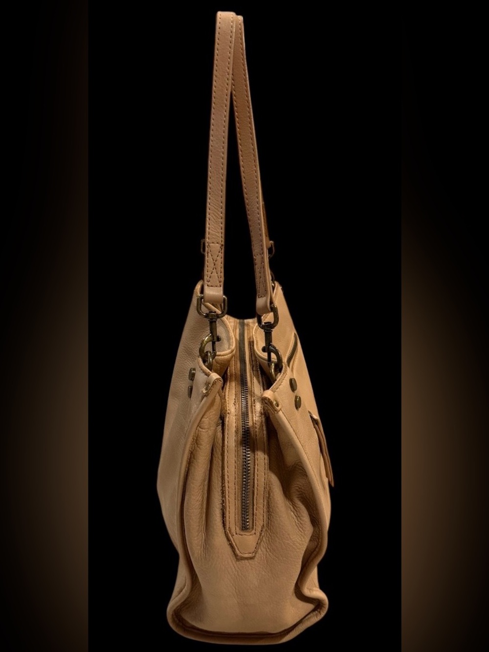 American Leather Co Lenox Triple Entry Satchel bag Cafe Latte Tan Brown Pebbled - Picture 5 of 11